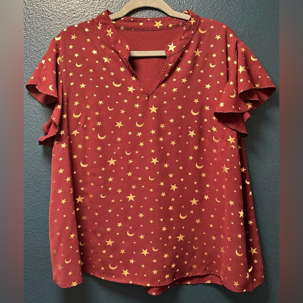 SHEIN Gold Star/Moon Print Flutter Sleeve Blouse